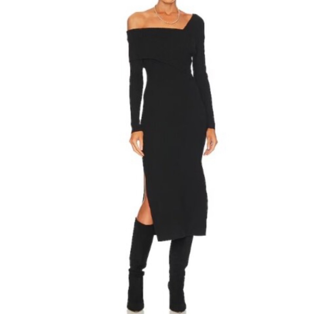 NWT Line & Dot Sylvie Off-Shoulder Black Ribbed Sweater Side Slits Midi Dress